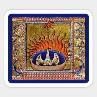 MEDIEVAL BESTIARY,PHOENIX IN RED FLAMES,TREE OF LIFE ,BIRDS,DRAGONS FANTASTIC ANIMALS IN GOLD RED BLUE COLORS Sticker